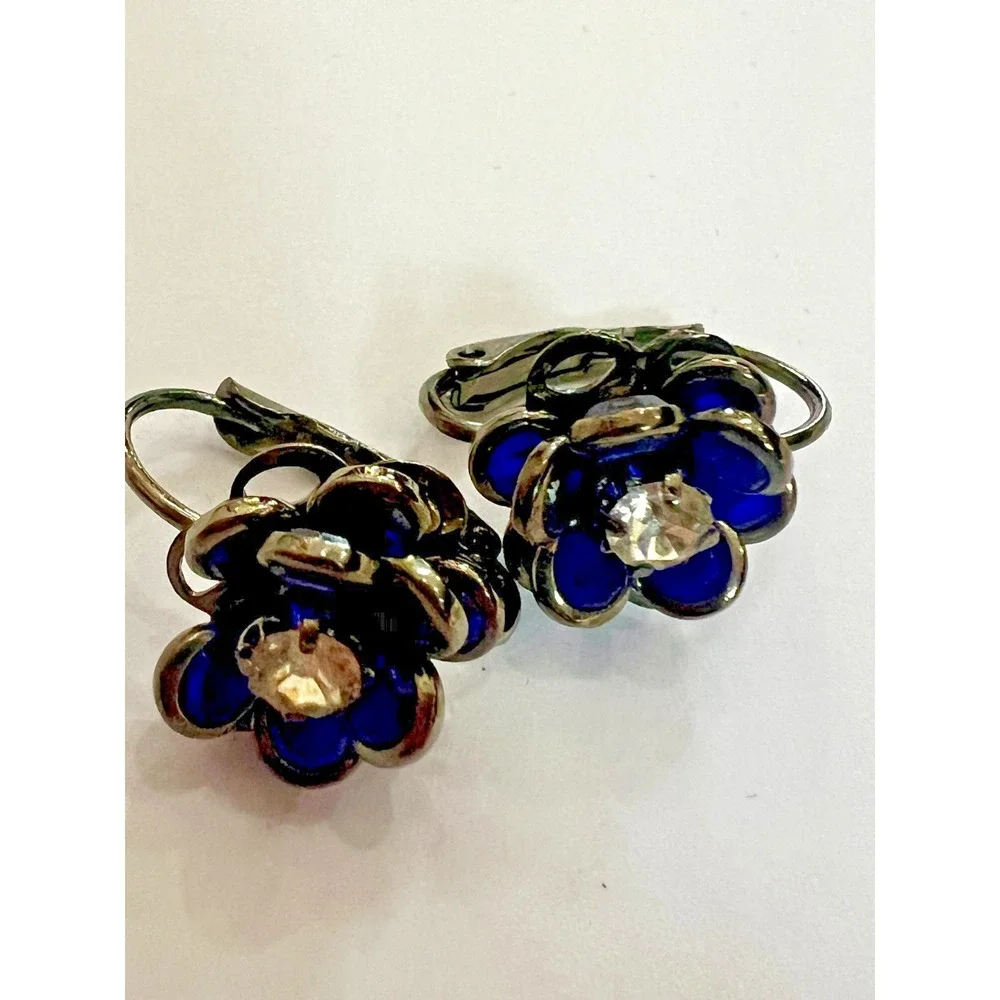 Vintage Cobalt Blue Glass‎ Floral Clip On Earrings Art Deco Rhinestone Flower